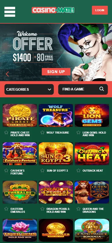 Casino-Mate mobile casino home accessed through a smartphone browser