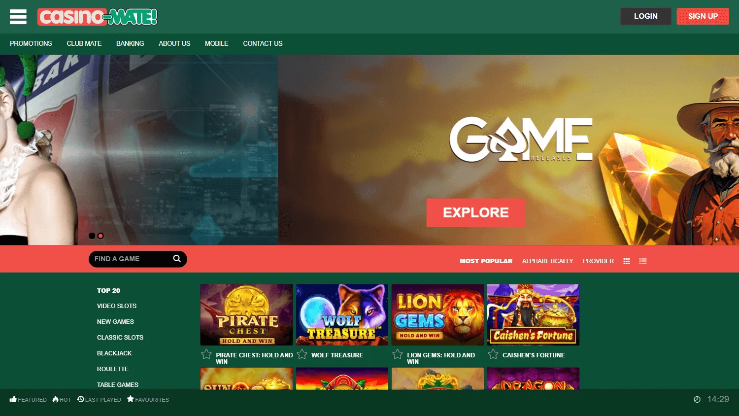 Casino-Mate desktop game catalogue with casino categories and provider options