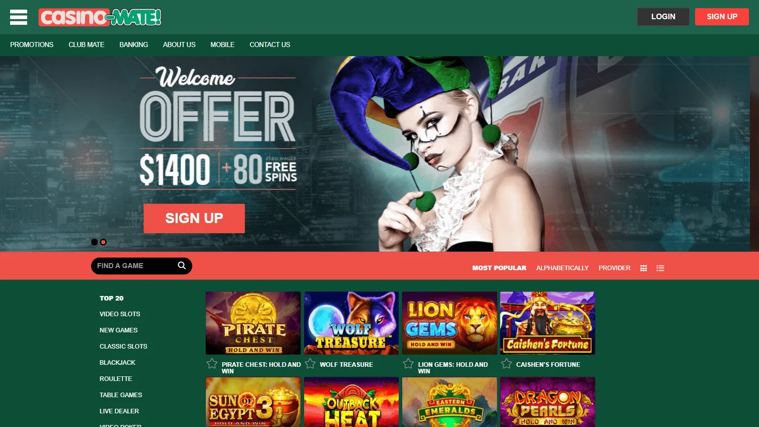 Casino-Mate desktop casino home with account and game browsing features